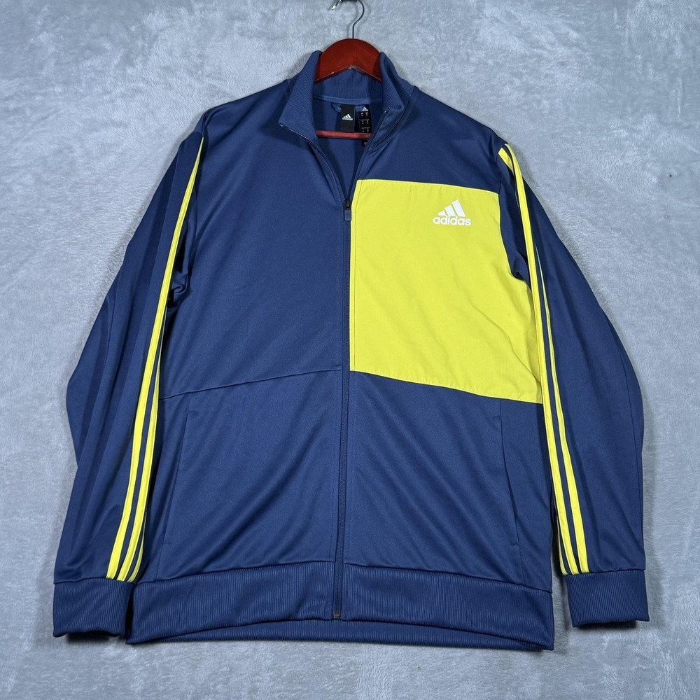 Adidas Track Jacket Mens XL Blue Yellow Colorblock Full Zip 3-Stripes Soccer